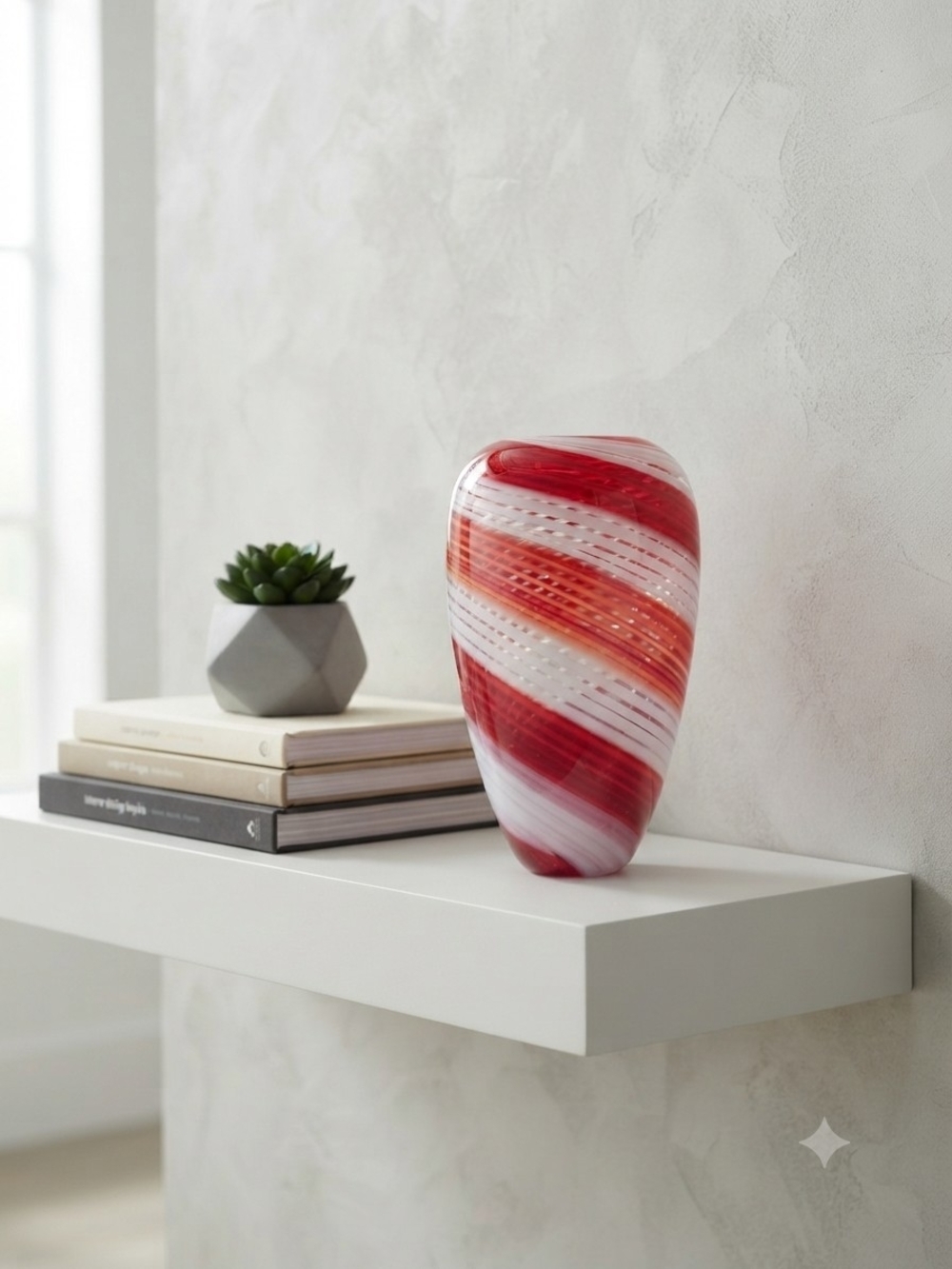 Handcrafted Studio Art Glass Vase Red White & Clear Swirl Spiral Pattern 10 X 7